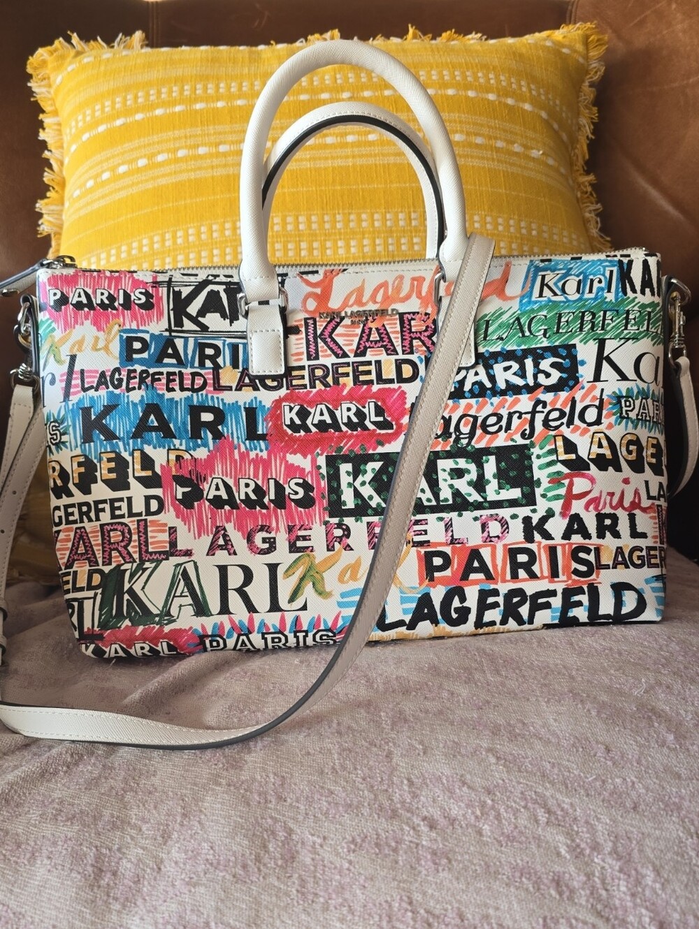 NWOT Karl Lagerfeld Paris Multicolor Satchel with White Handles